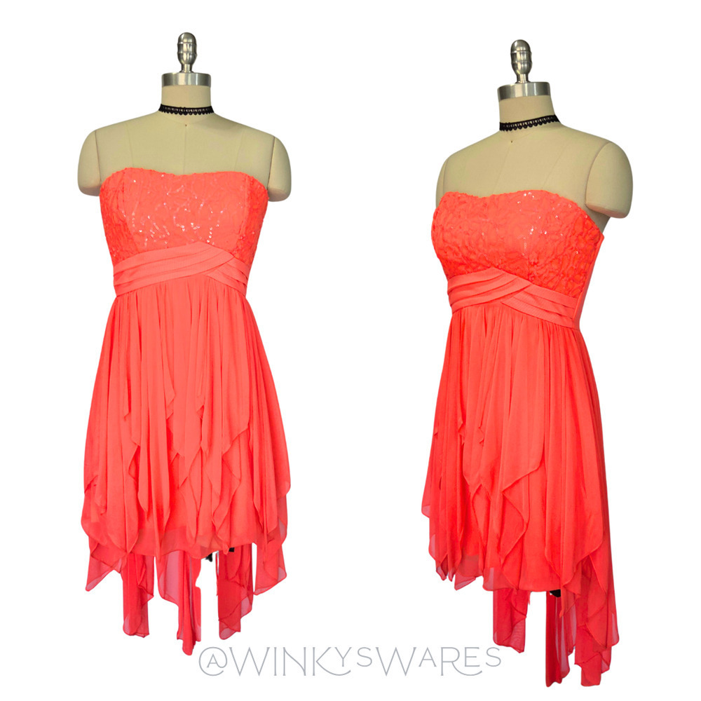 Vintage Y2K Hi Low Prom Dress Size 7 S Strapless Hot Pink Sequin Whimsigoth